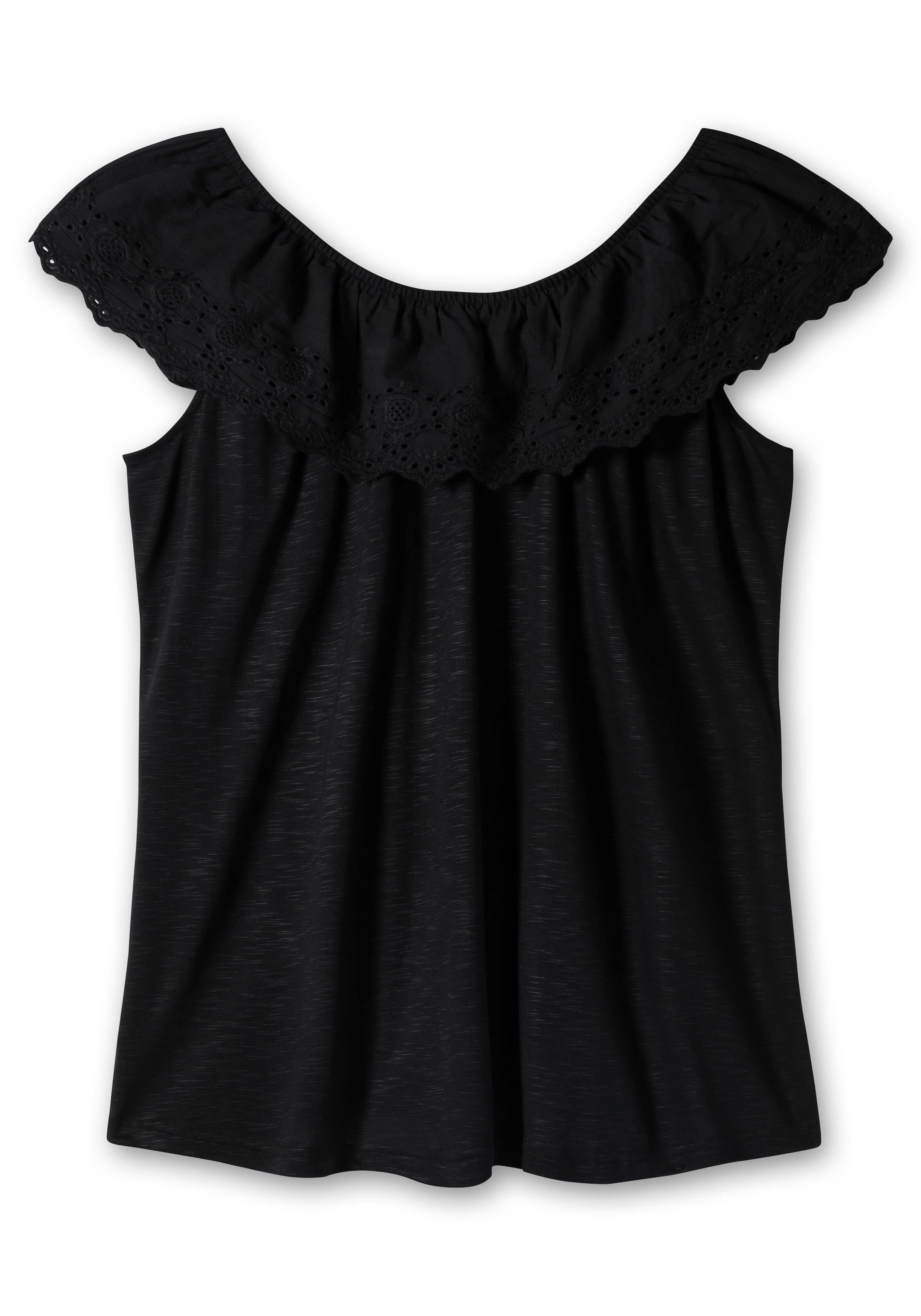 T-Shirt mit Lochstickerei und Carmen-Ausschnitt
