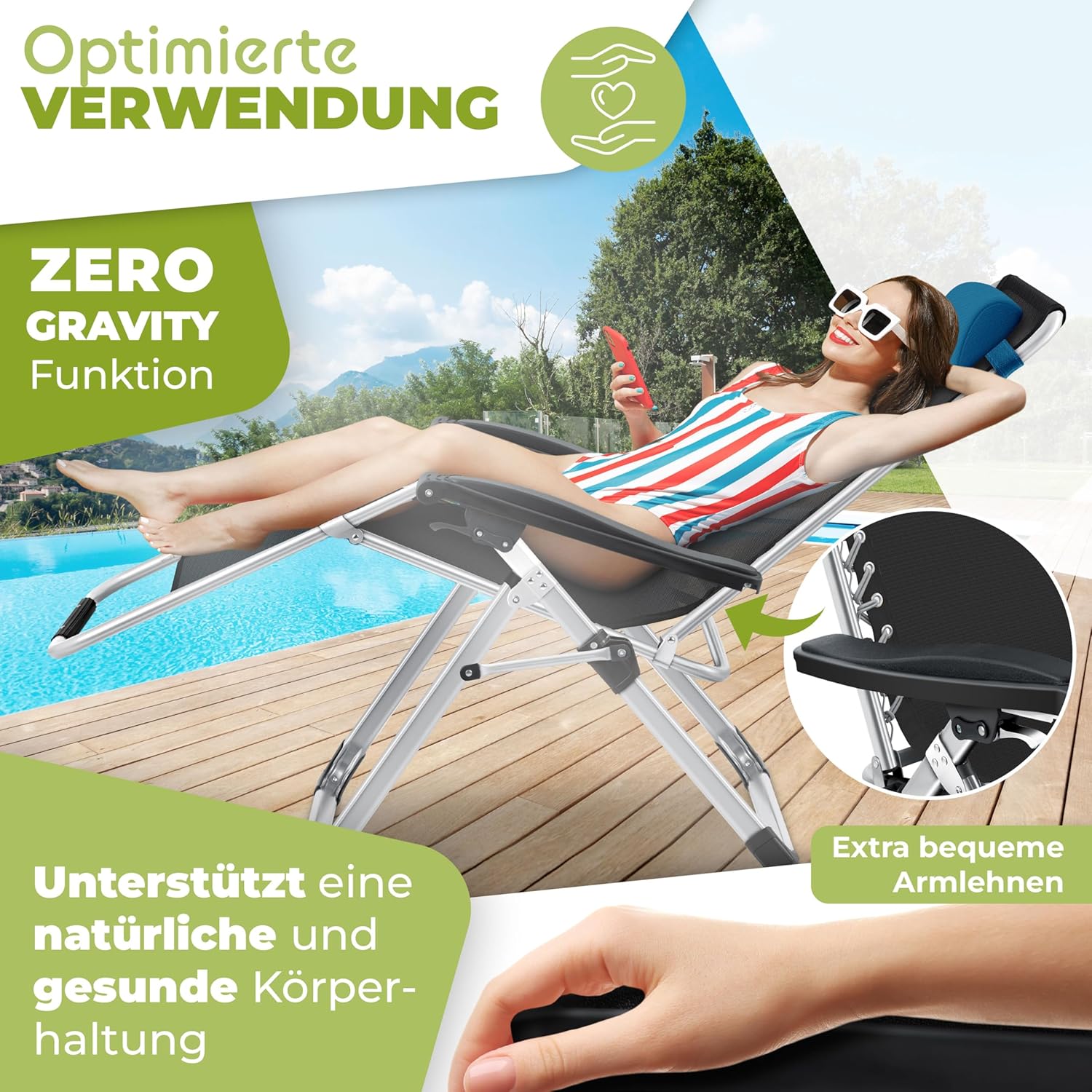 KESSER® Sonnenliege Liegestuhl Klappbar & Wetterfest, Gartenstuhl Belastbar 200kg Ergonomisches Polster Extra Breit Verstellbare Rückenlehne Gartenliege inkl. Nackenkissen & Getränkehalter, Navyblau