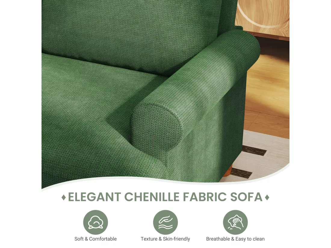Canapé confort 3 places, Tissu en Chenille, avec accoudoirs,coussins et 2 oreillers, Charge max 365 kg - 220x76x86 cm