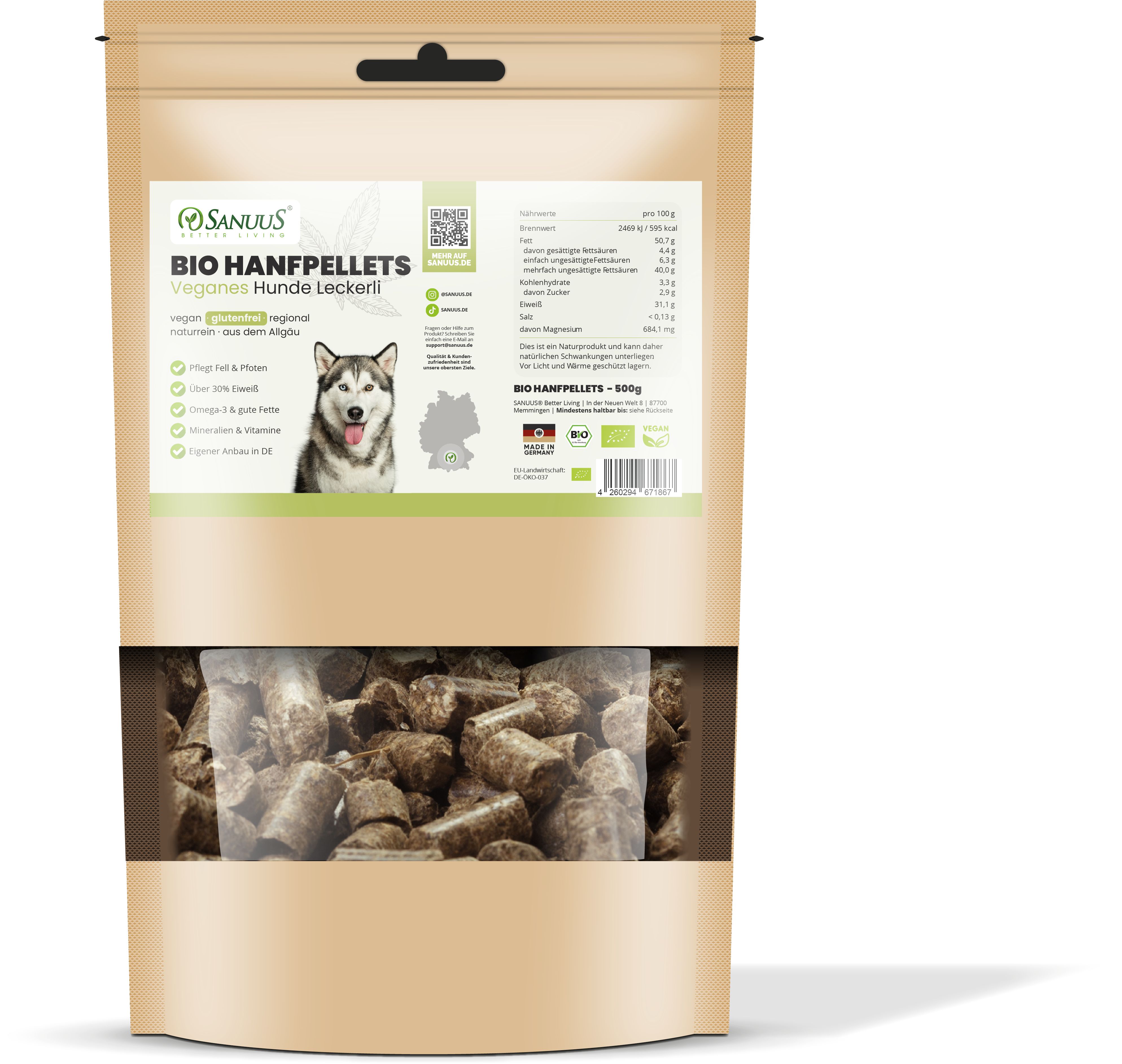 SANUUS Vegane & getreidefreie Hundeleckerli Bio Hundesnacks aus Hanfpellets 500g