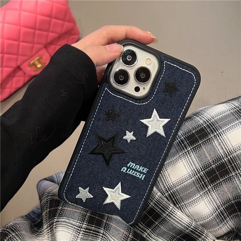 Edgin - Ster geborduurd denim telefoonhoesje - iPhone 16 Pro Max / 16 Pro / 16 Plus / 16 / 15 Pro Max / 15 Pro / 15 Plus / 15 / 14 Pro Max / 14 Pro / 14 Plus / 14 / 13 Pro Max / 13 Pro / 13 / 13 Mini