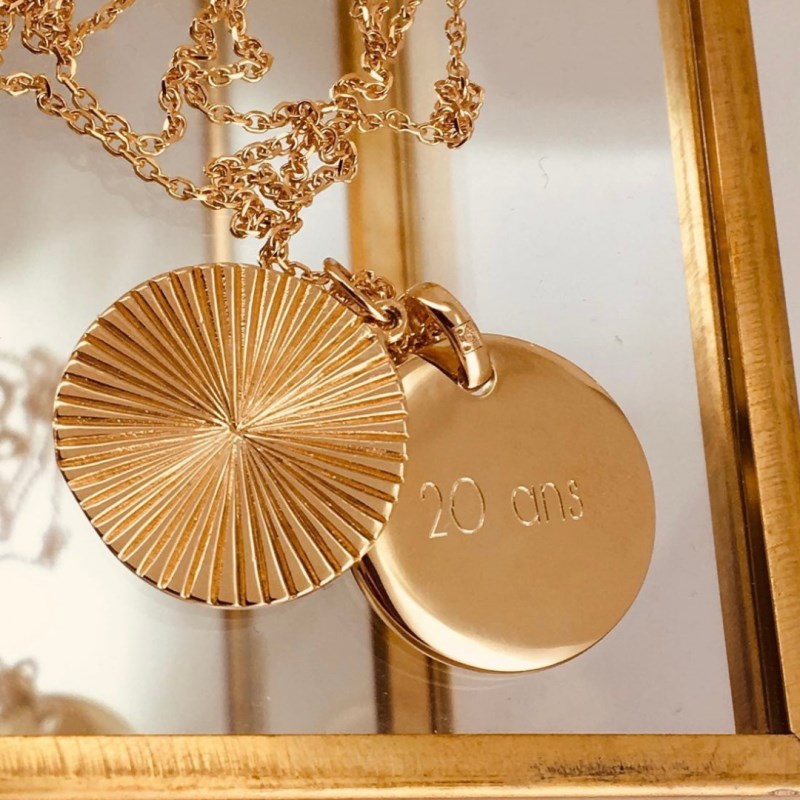 Sautoir médaille soleil plaqué or 18 K