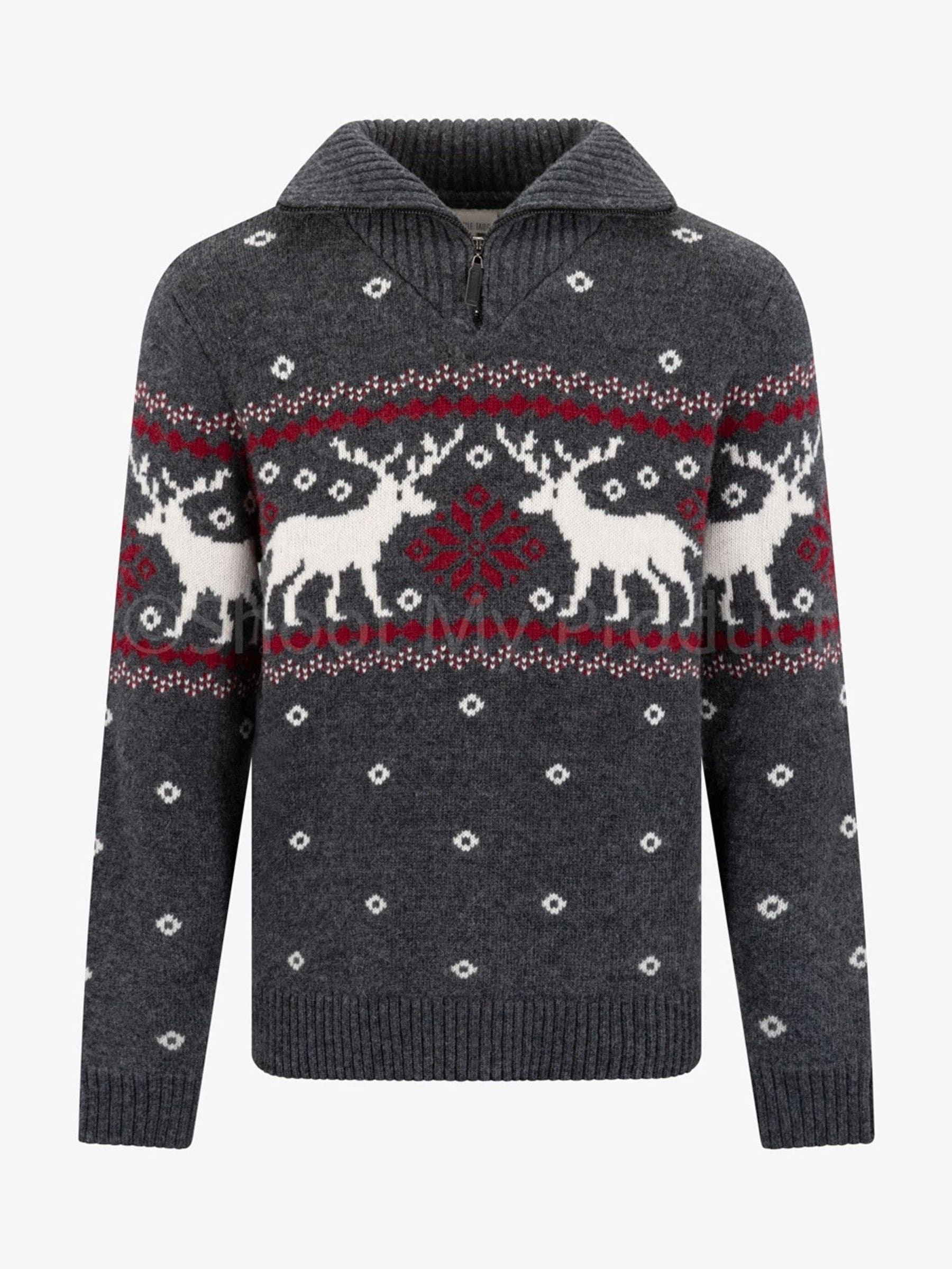 The Little Tailor grijze wollen Blend zip neck feestelijke fairisle Kerstmis Trui