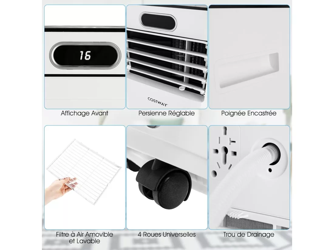 Climatiseur Mobile 4 en 1 R290 7000BTU 15 ㎡ [Classe énergétique A] Rafraîchissement, Déshumidification, Ventilateur et Mode Nuit (Blanc)