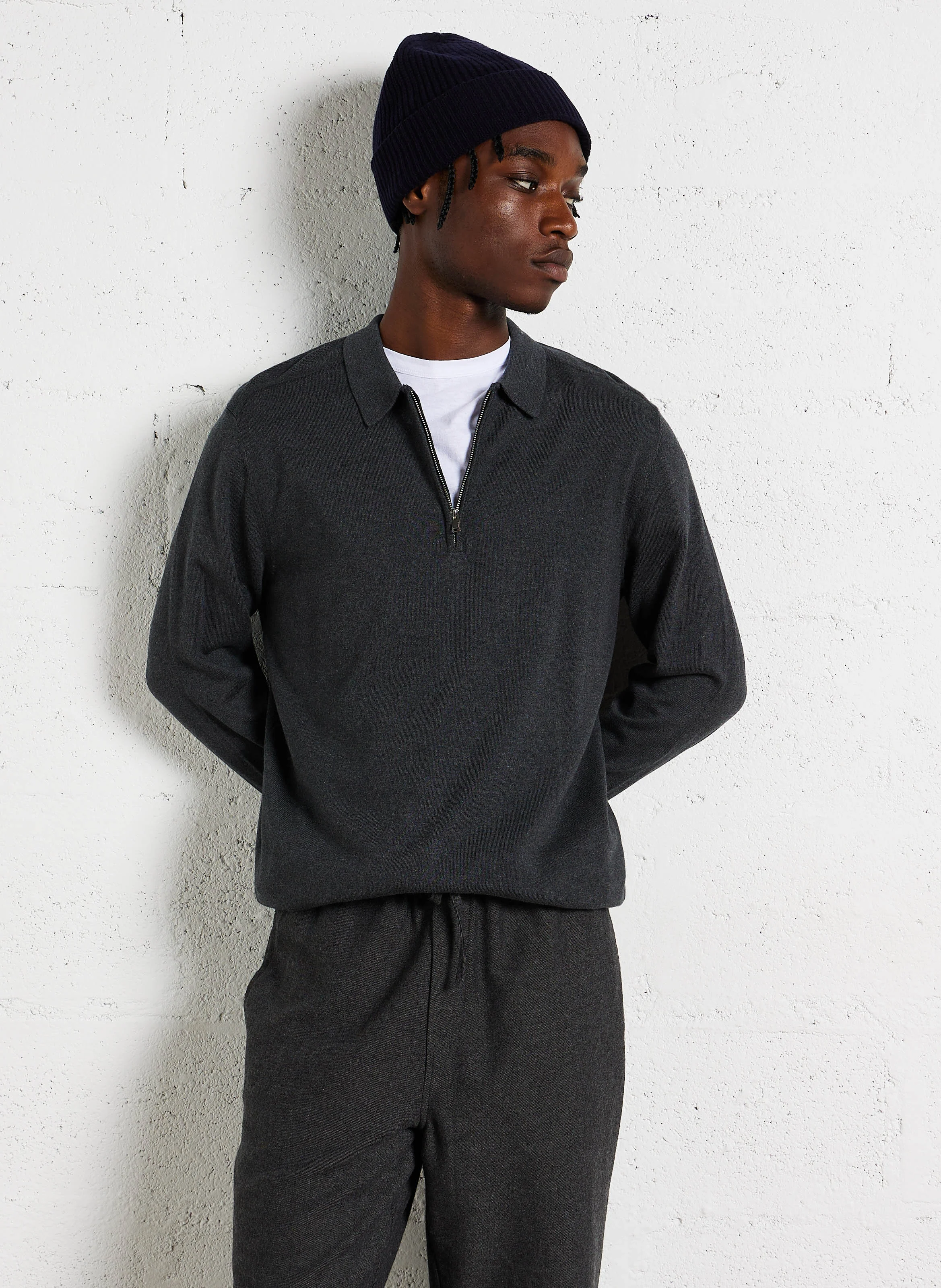 BERG - Pull droit col polo en coton | Gris