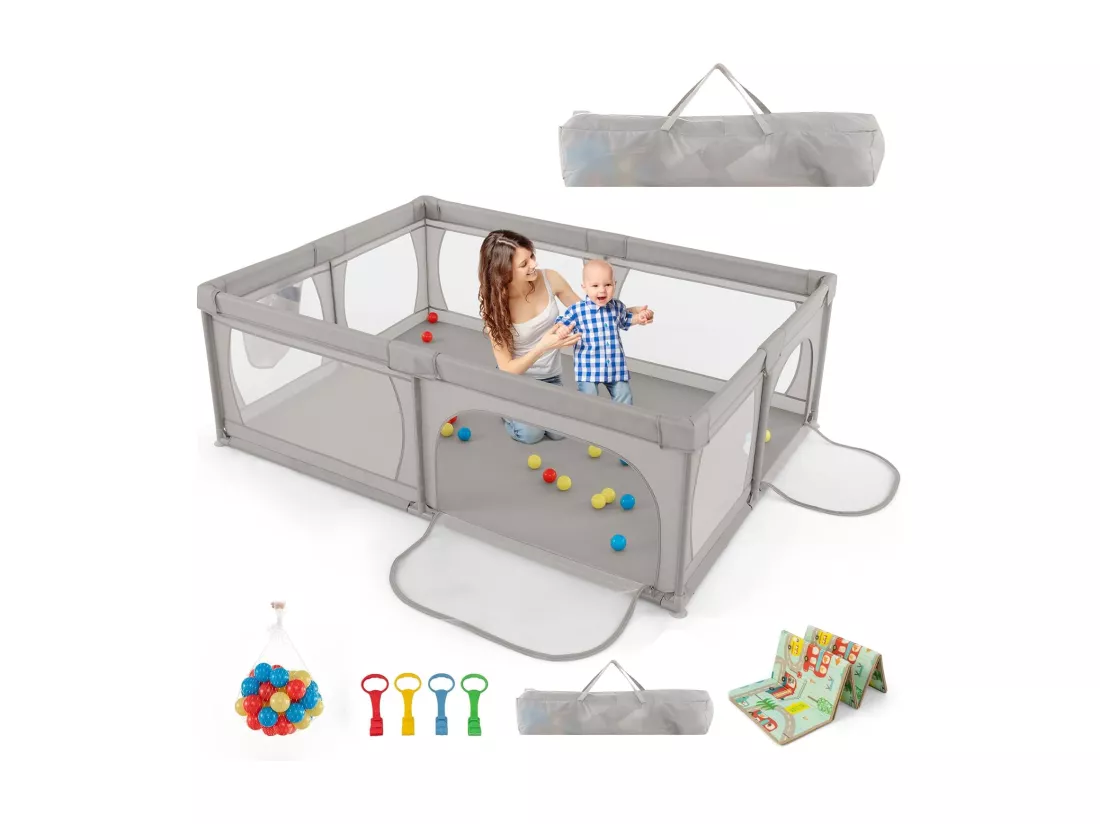 Parc pour Bébé avec 50 Balles Océaniques, Centre d'Activités avec Base Antidérapante, Maille Respirante, et Porte à Fermeture Eclair, 206×147×68,5CM (Gris Clair)