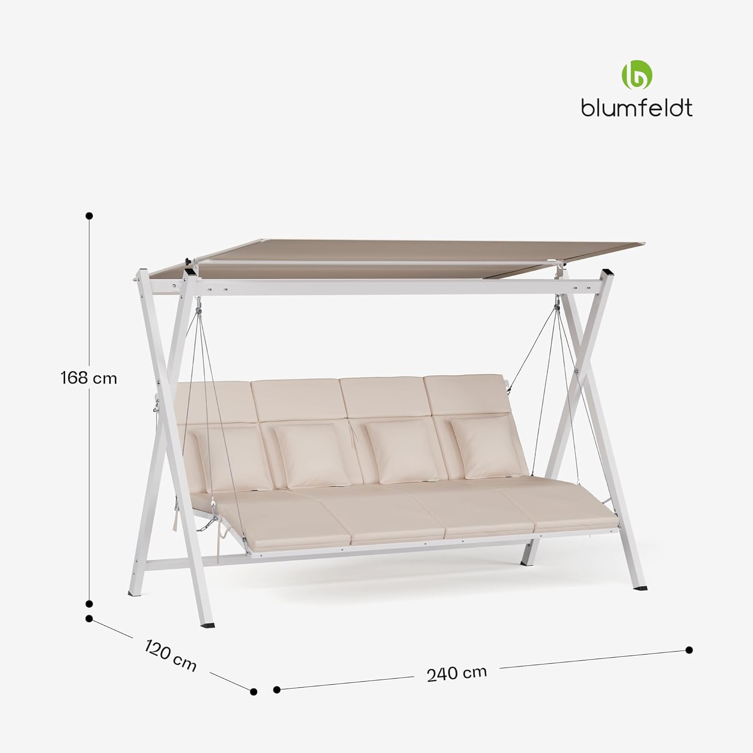 blumfeldt FlexiSwing Hollywoodschaukel 4-Sitzer – Verstellbare Rückenlehne & Sonnendach, 320 kg Kapazität, Wetterfester Stahlrahmen, Inklusive 6 cm Kissen, Gartenschaukel
