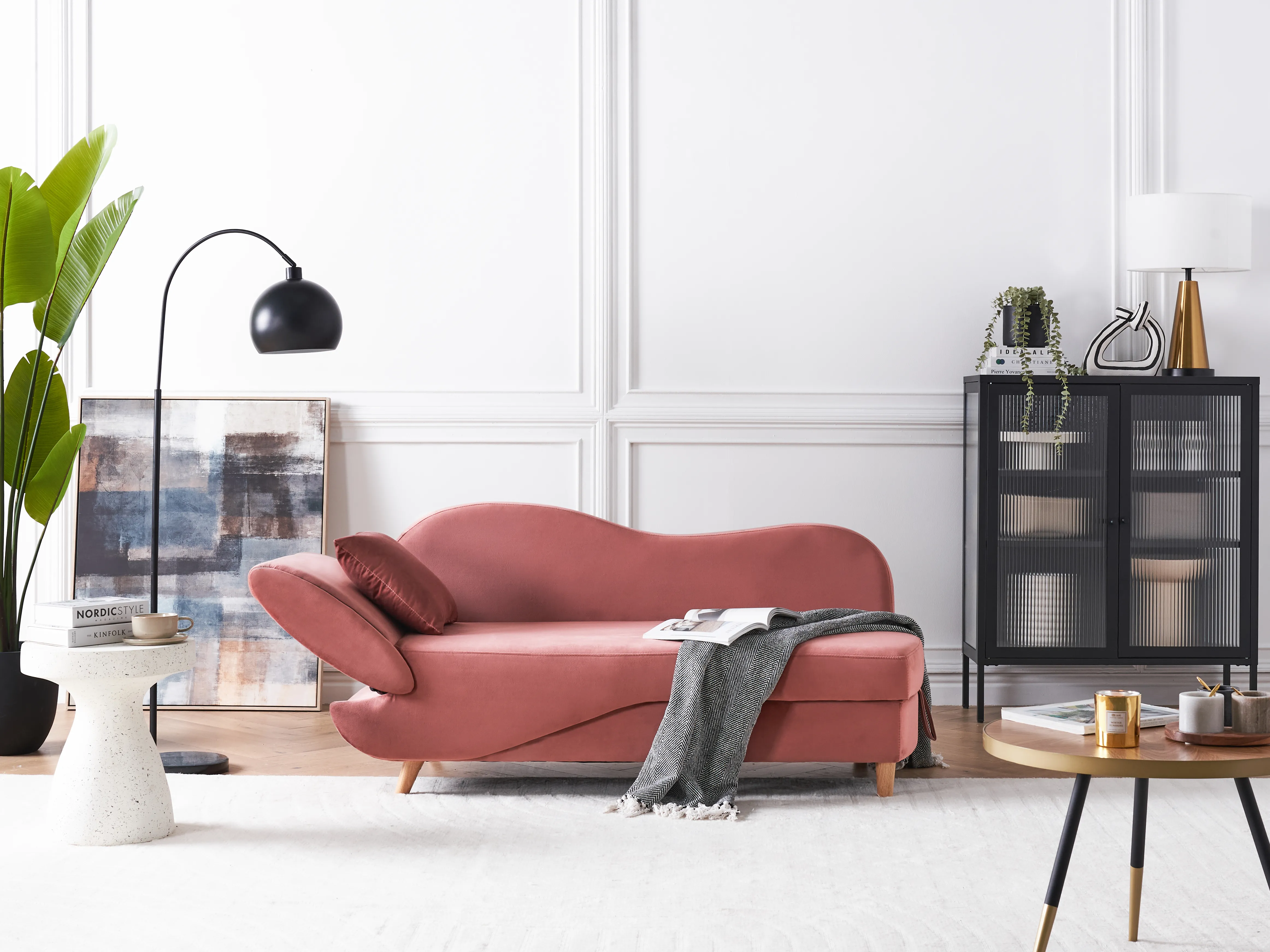 Linkszijdige chaise longue MERI Fluweel Roze met opbergruimte