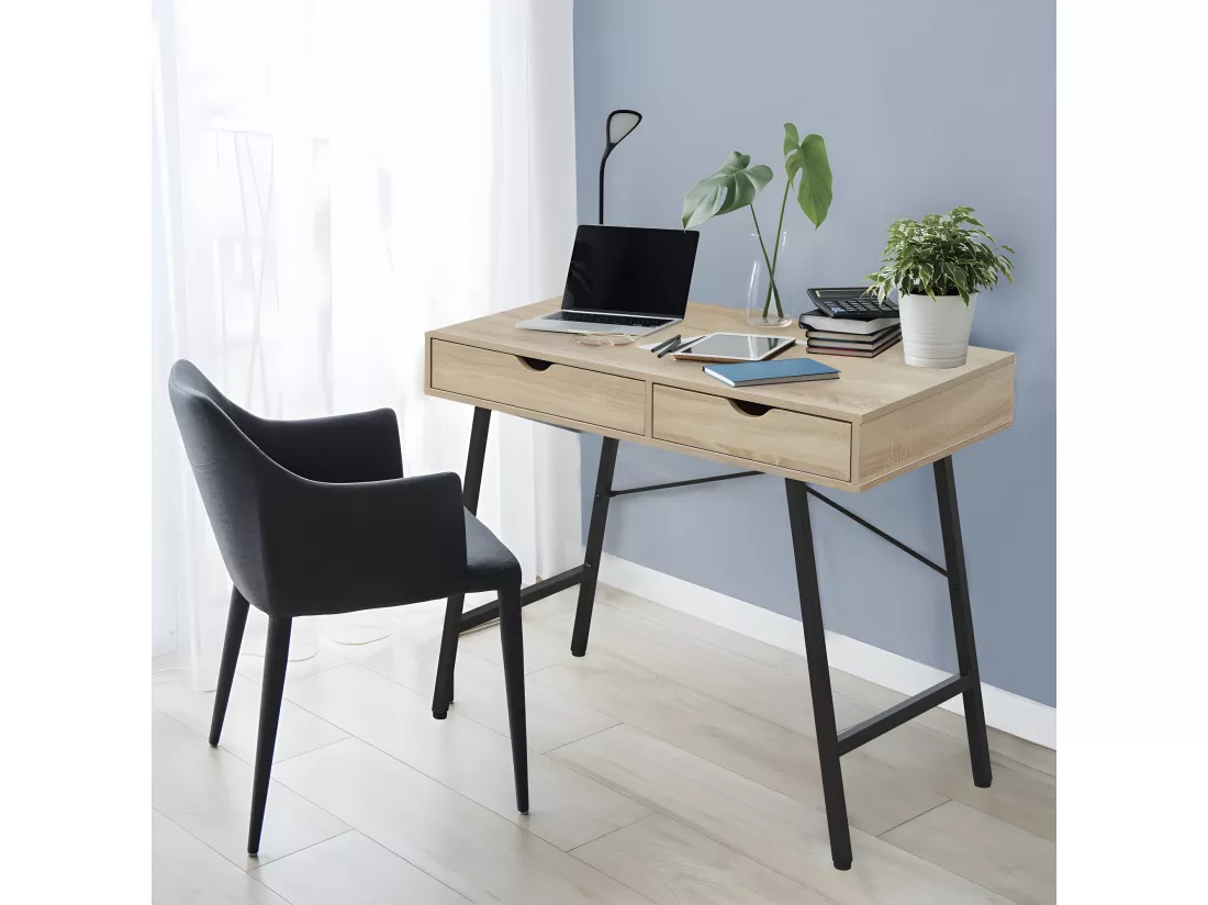 Bureau BOSTON 100x48cm / Décor Chêne blanchi et métal noir