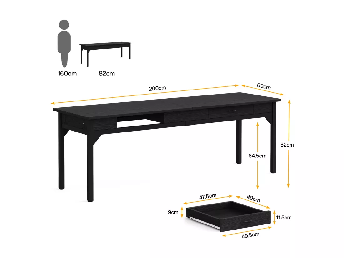 Bureau d'ordinateur - 200 x 60 x 82 cm - Double Bureau Long avec 2 tiroirs - Noir