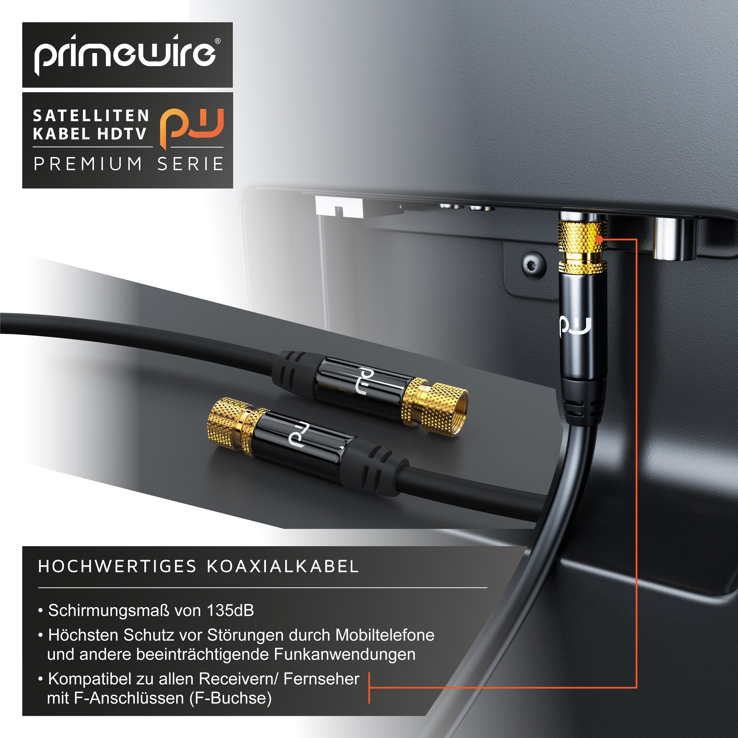 Primewire SAT-Kabel, Koax, F-Stecker, Premium HDTV SAT Koaxialkabel, 4fach Schirmung, 135dB, 75 Ohm - 12,5m