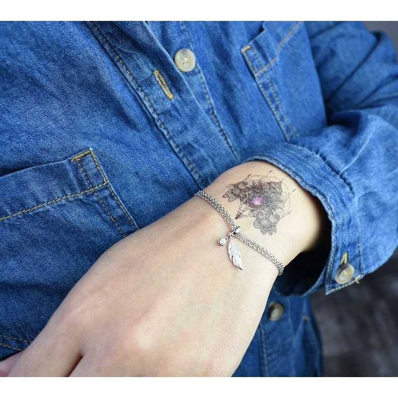 Bracelet 3 rangs plume et oxyde de zirconium pendants Argent 925 Rhodié