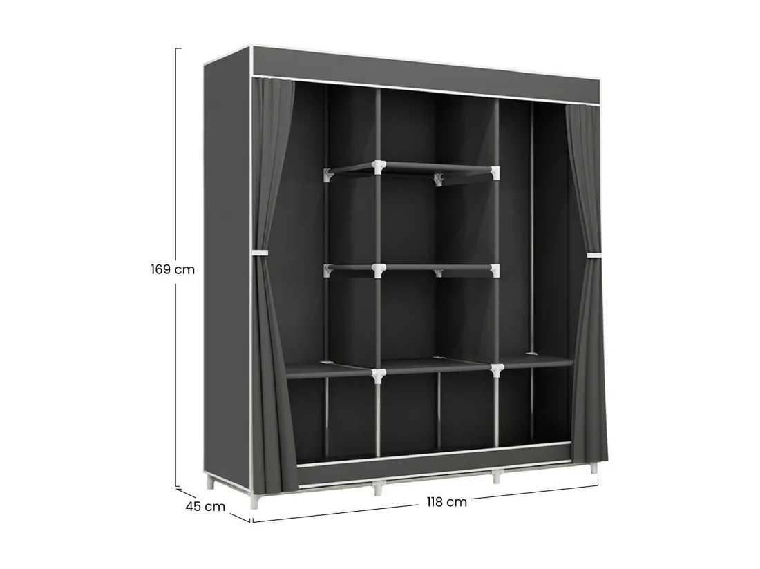 Armoire Triple Tissu avec Rideaux Coulissants Blanc/Gris 118x45x169cm Thinia Home