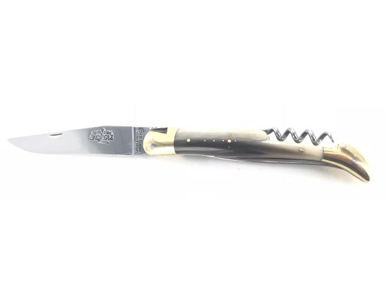 Laguiole Tradition 12 cm - 2 mitres Laiton - 3 pièces - Ponte de Corne - Acier Carbone Couteau de Poche Forge de Laguiole