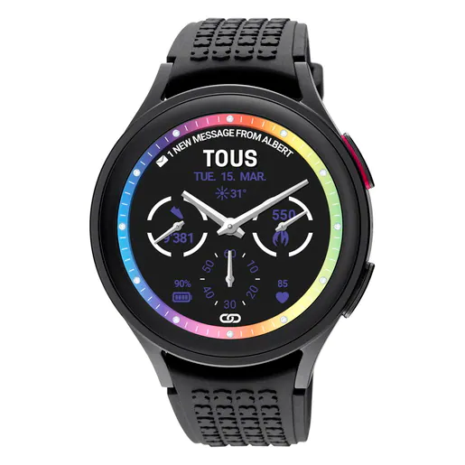 Relógio inteligente Samsung Galaxy Watch 5 Pro X TOUS em titânio preto com pulseira de silicone preta.