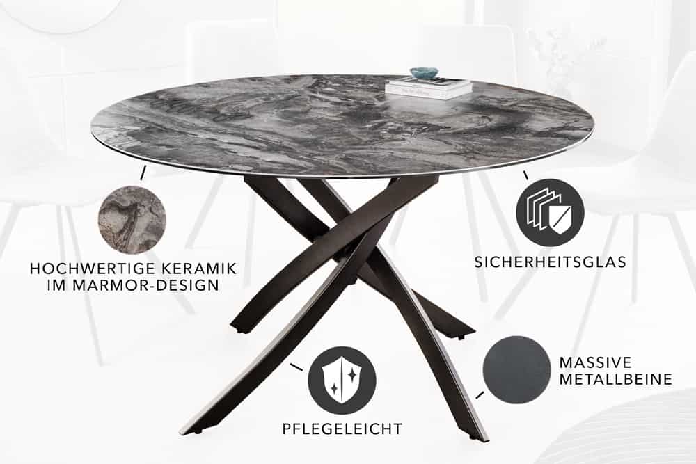 Runder Esstisch ALPINE 120cm taupe Keramik schwarzes Metallgestell