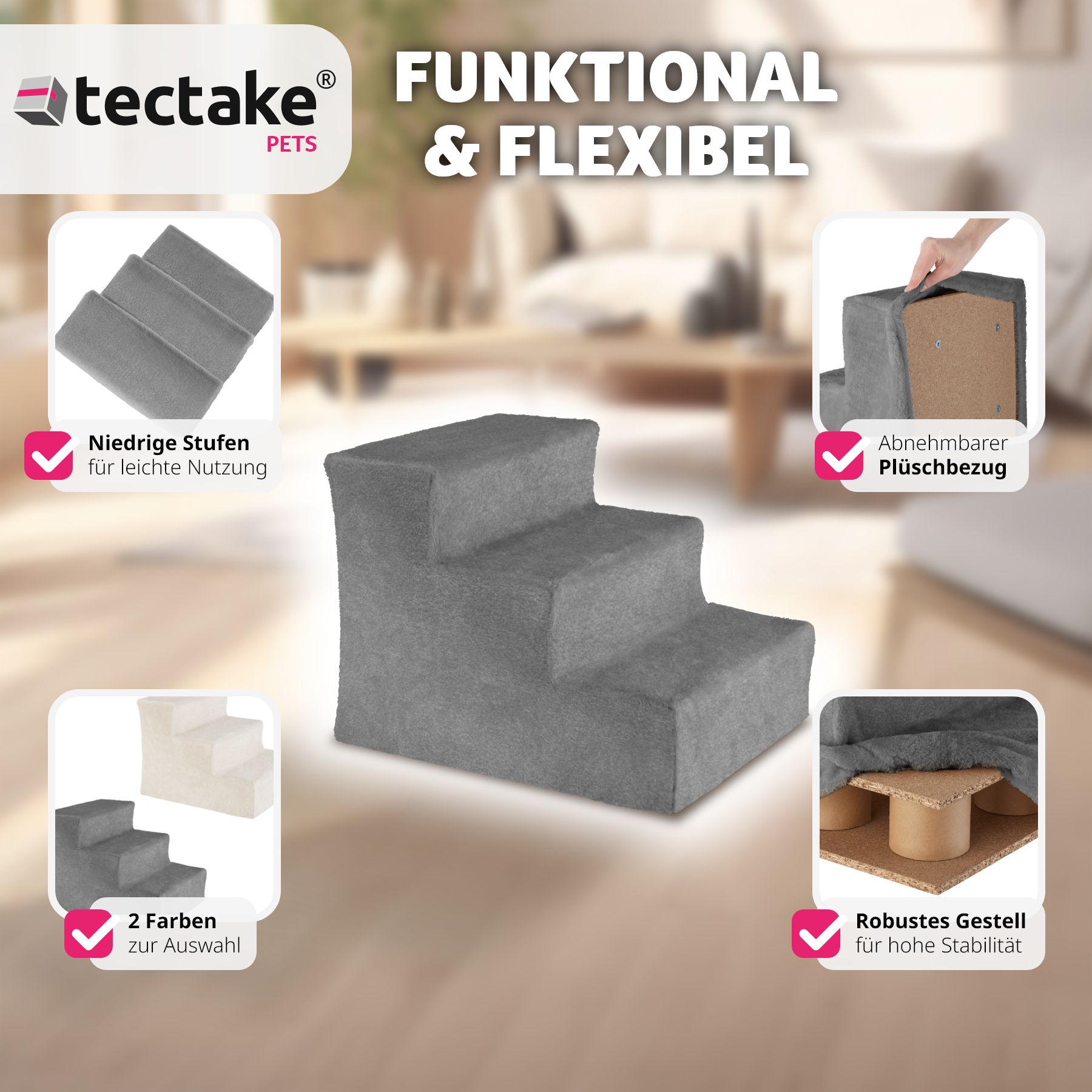 tectake® Haustiertreppe, für Hunde und Katzen, Belastbarkeit 50 kg, pflegeleicht, 37 x 45 x 34,5 cm