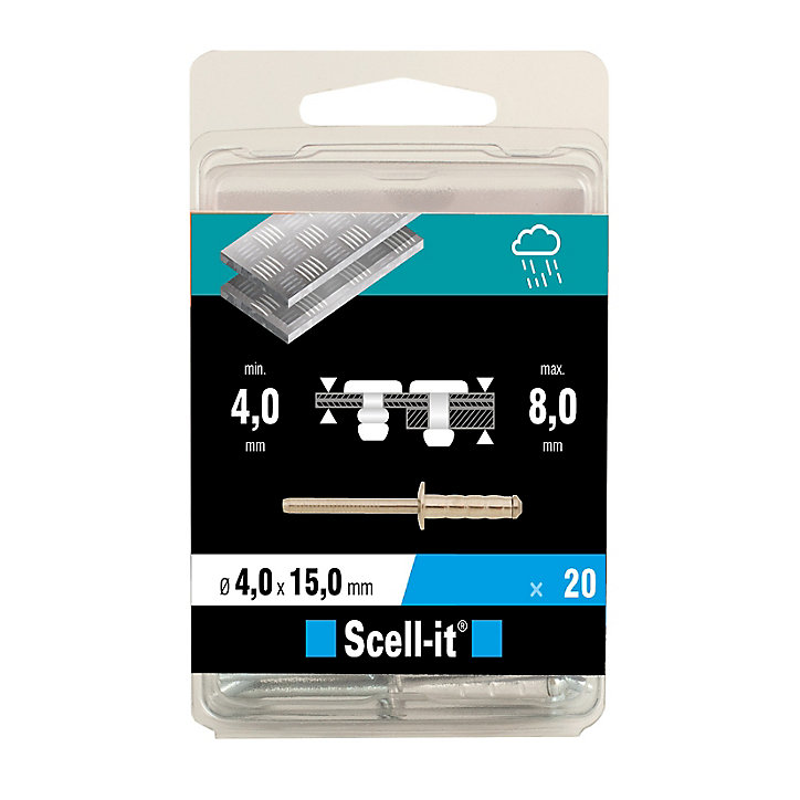 Rivet ø4 x 15 mm tête plate charge max 300kg, 15 pièces