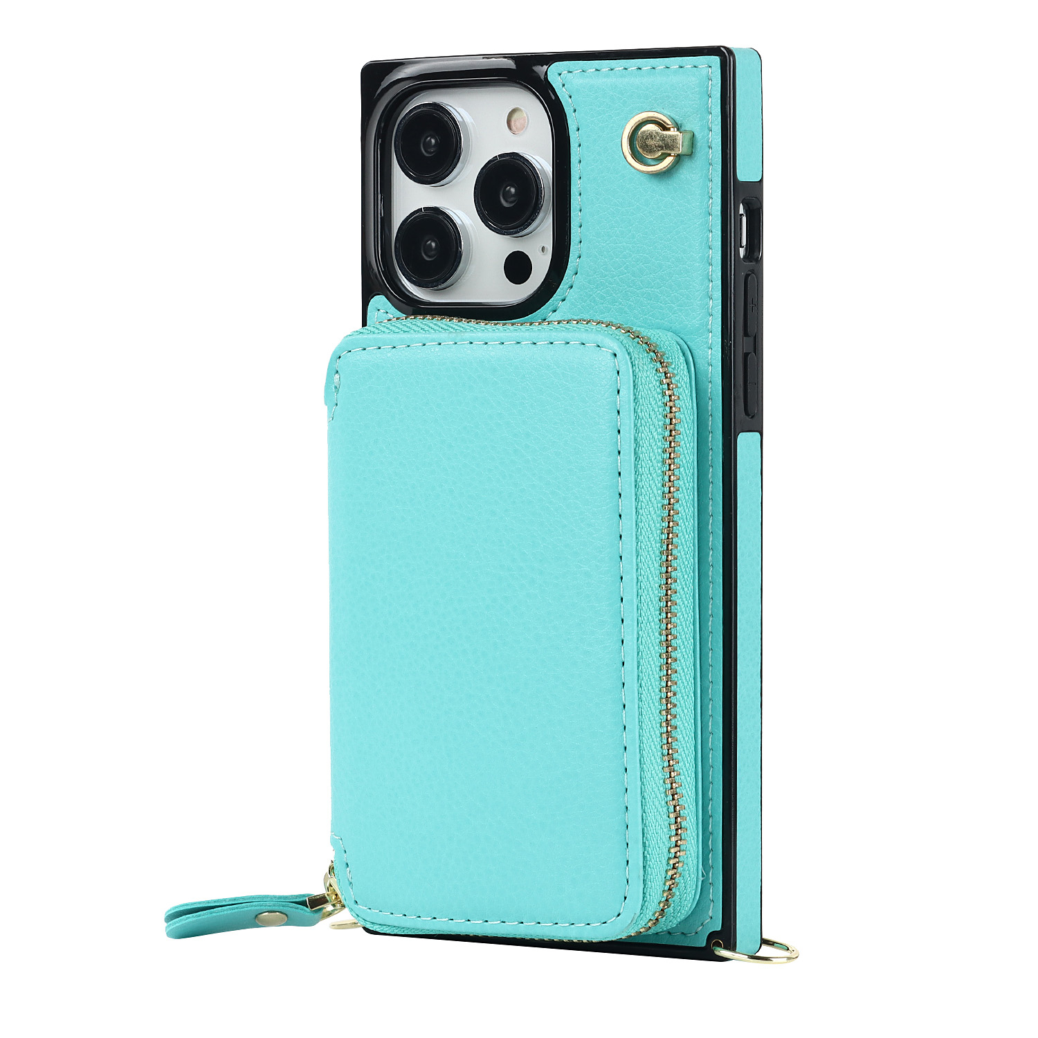 iPhone 15 Pro Max Necklace Leder Schutz Hülle mit Kartenfächer   Handykette (140cm) - Türkis