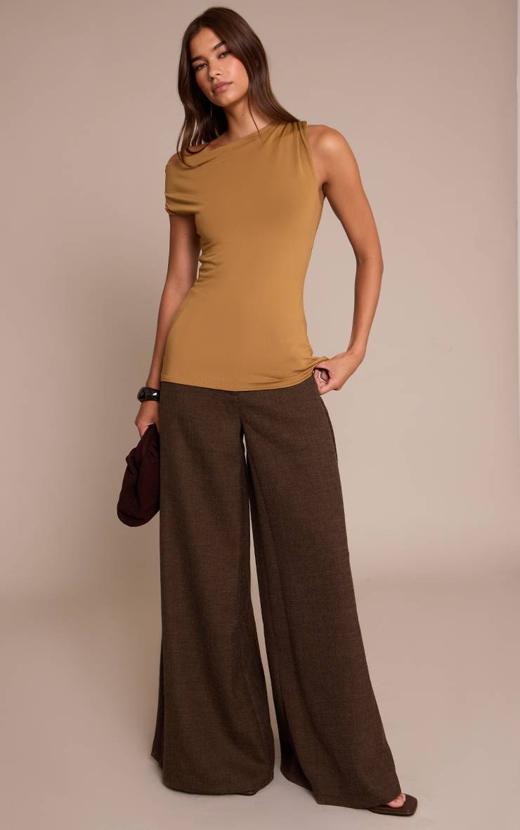 Marron Haut Long Asymétrique Froncé À Imprimé Abstrait En Tissu Slinky