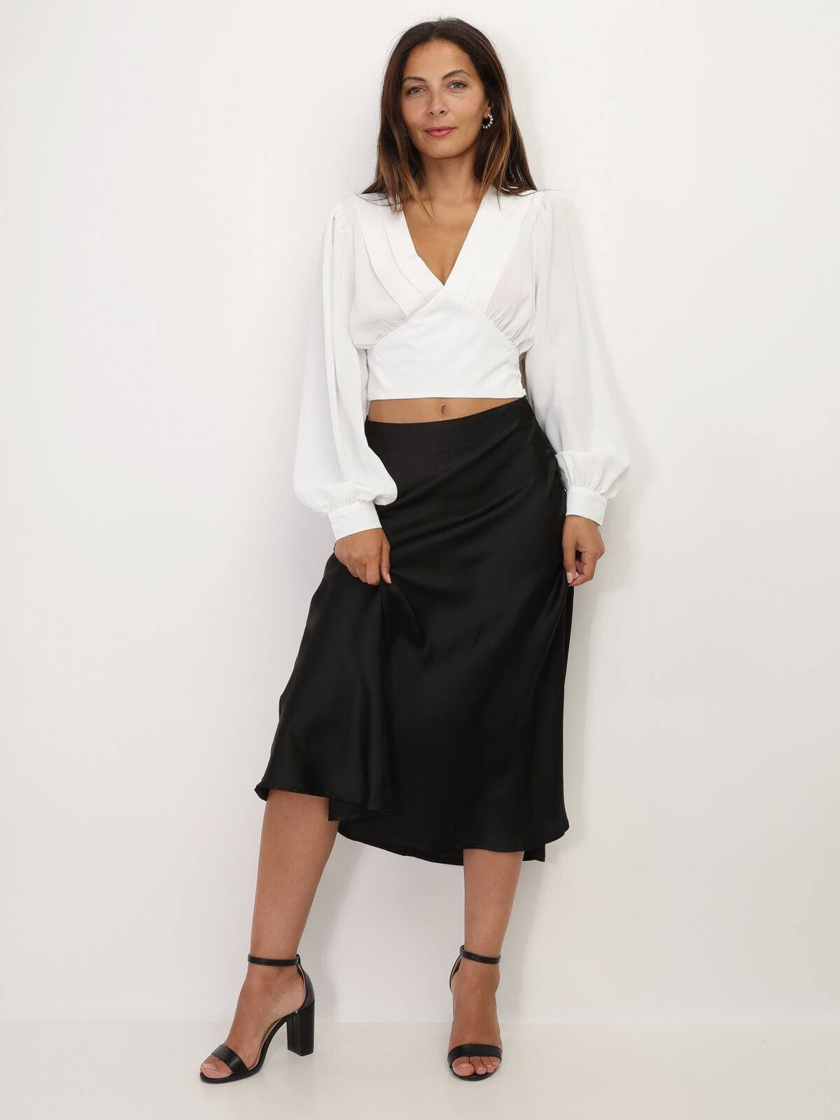 Blouse courte à manches ballons- Blanc