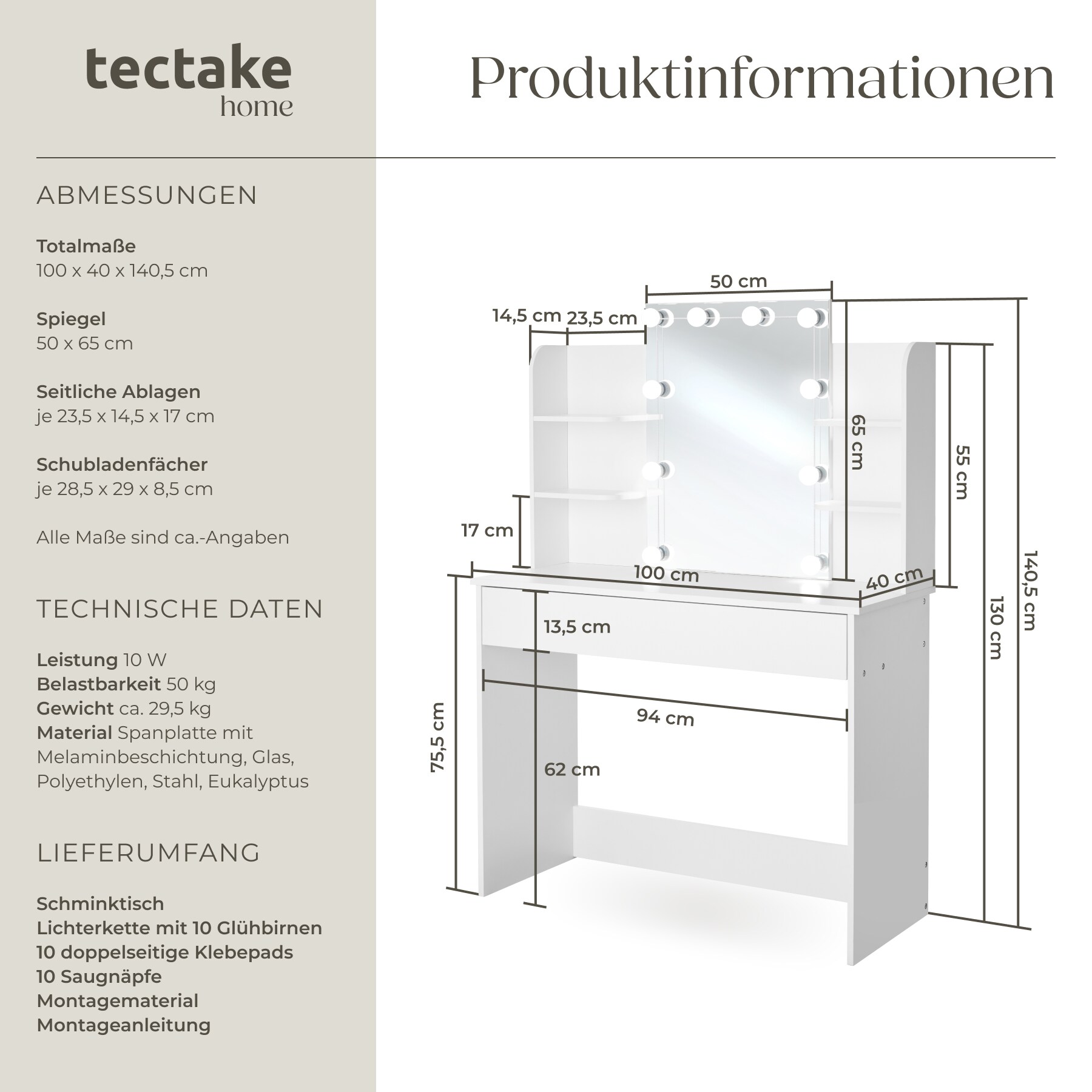 tectake® Schminktisch, mit Hollywood Spiegel, 4 offene Ablagen, Schublade mit 3 Fächern, 100 x 40 x 140,5