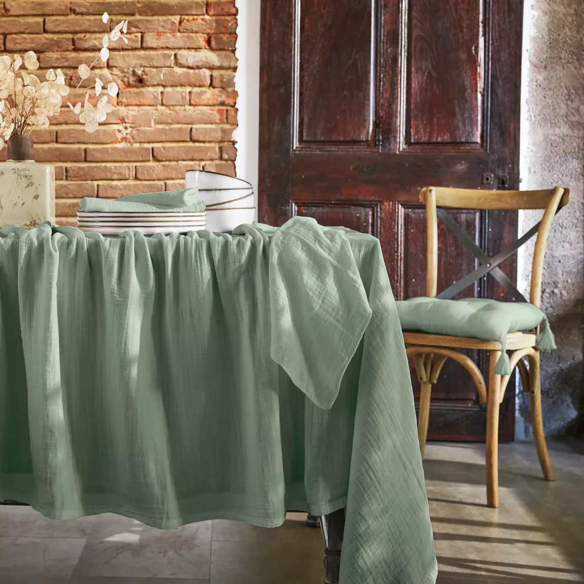 Nappe rectangulaire gaze de coton (150 x 250 cm) Gaïa Vert eucalyptus