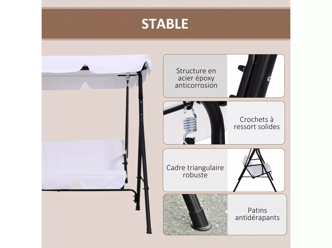 Balancelle de jardin 3 places toit inclinaison réglable coussins assise et dossier 1,72L x 1,1l x 1,52H m acier noir polyester blanc
