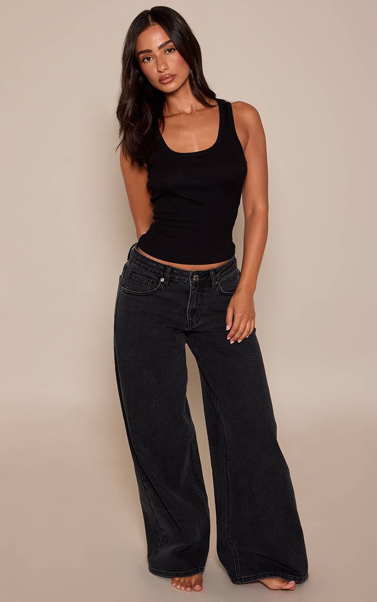 Noir Délavé Jean Petite Taille Haute Stretch À Jambes Larges