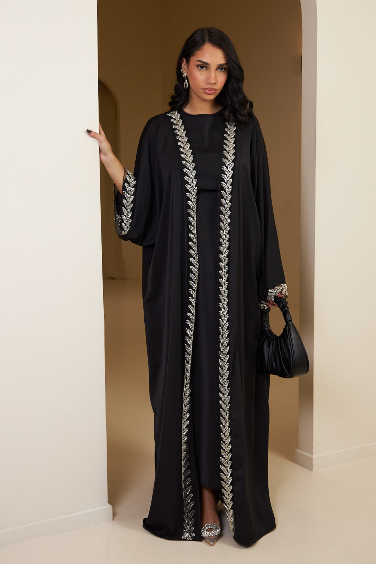 Ensemble 3 pièces abaya + gilet + voile noir
