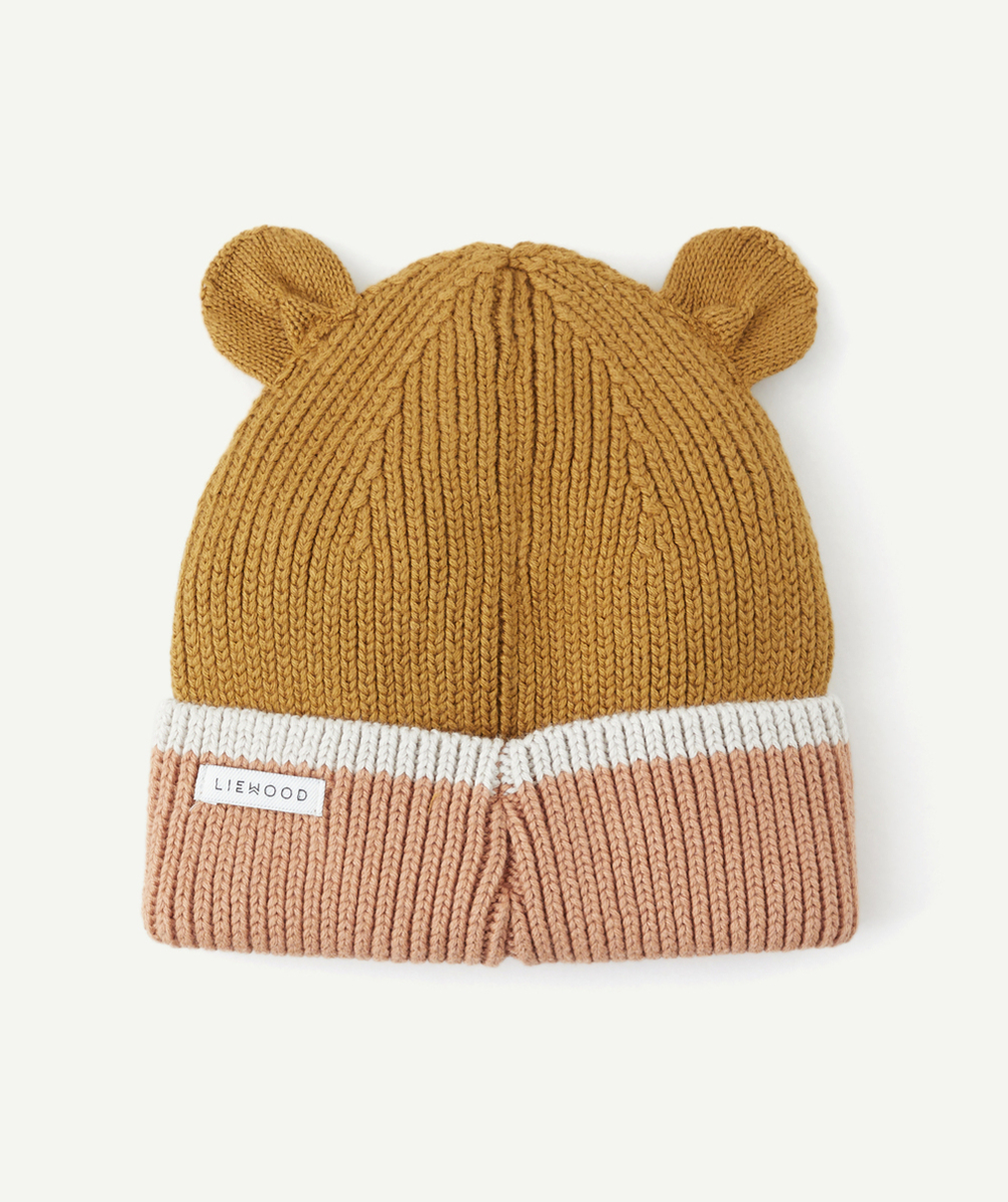 LIEWOODBONNET GINA EN TRICOT CÔTELÉ ET COTON BIO MARRON ET ROSE AVEC OREILLES D’OURS