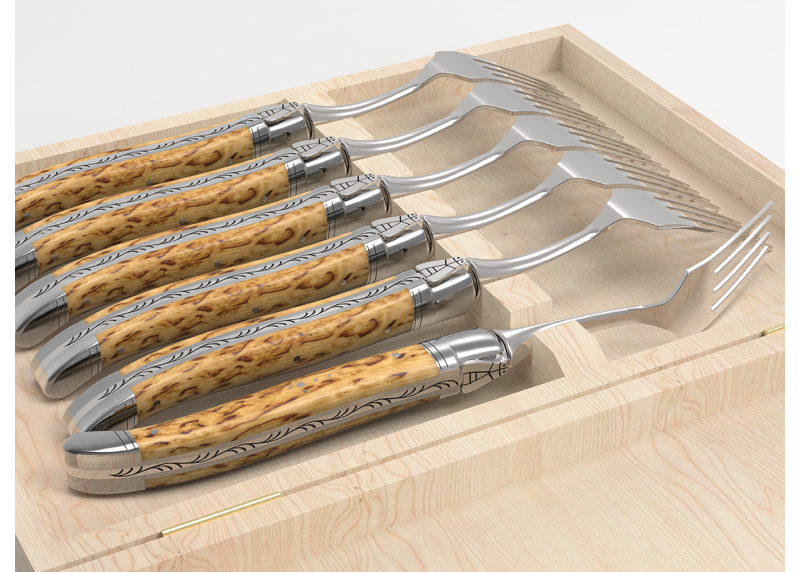 Service de 6 fourchettes Laguiole avec un manche en bois de bouleau et mitres en acier inoxydable