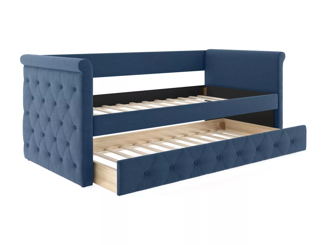 Lit banquette gigogne LOUISE - 2x90x190cm - Tissu bleu + matelas