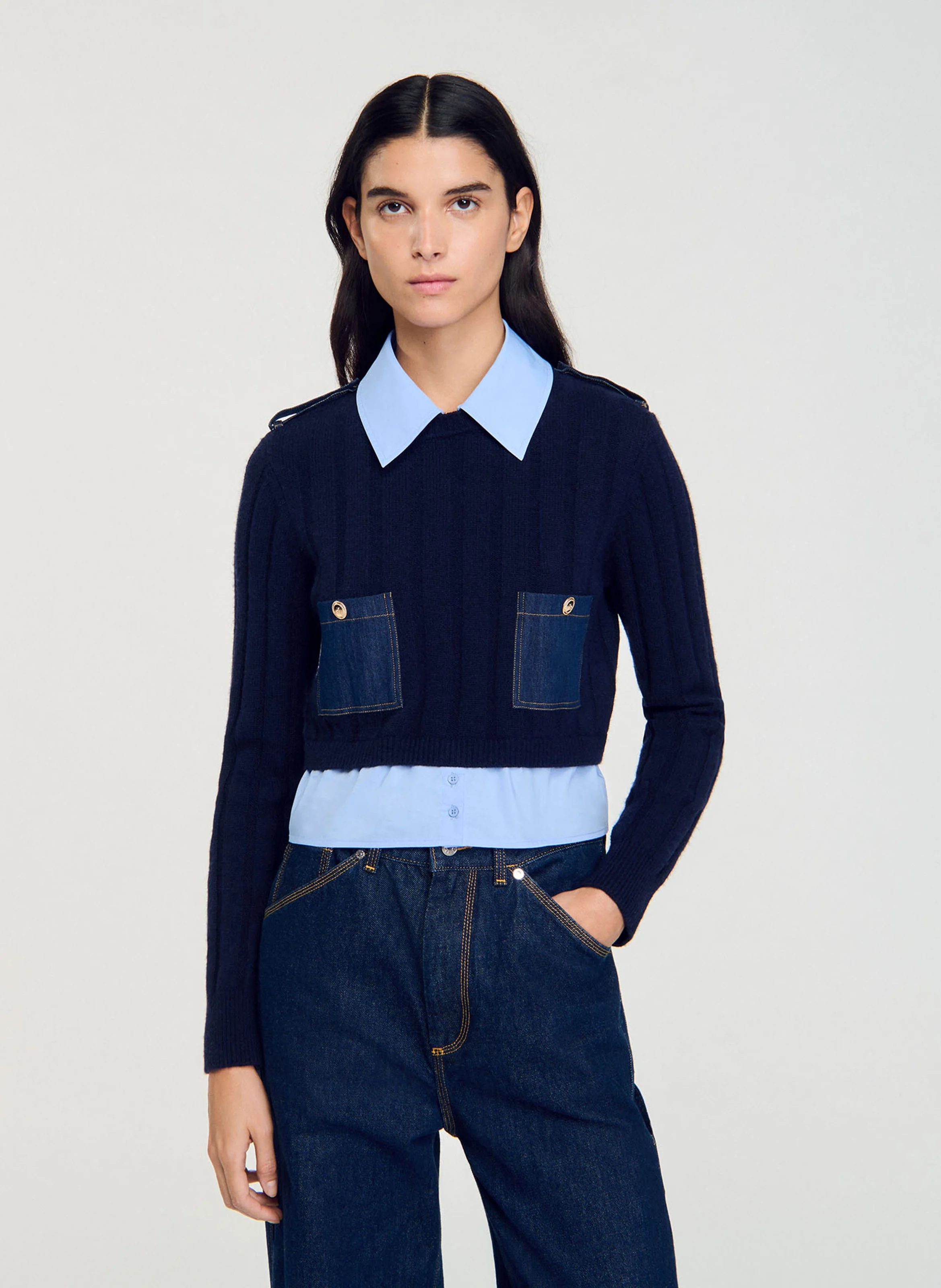Pull col classique droit en laine et cachemire| Bleu