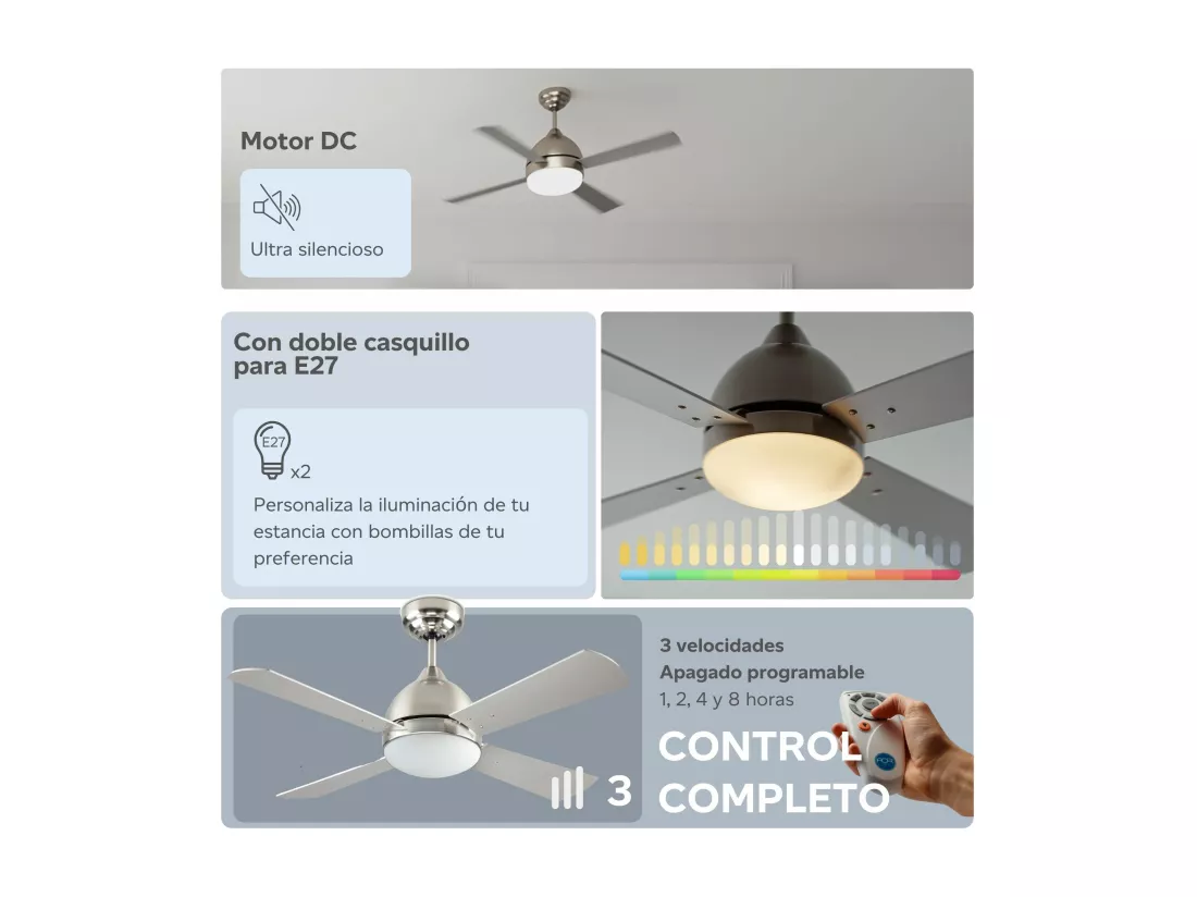 FORLIGHT Ventilateur du Plafond Borneo E27 15W Nickel Satiné Blanc