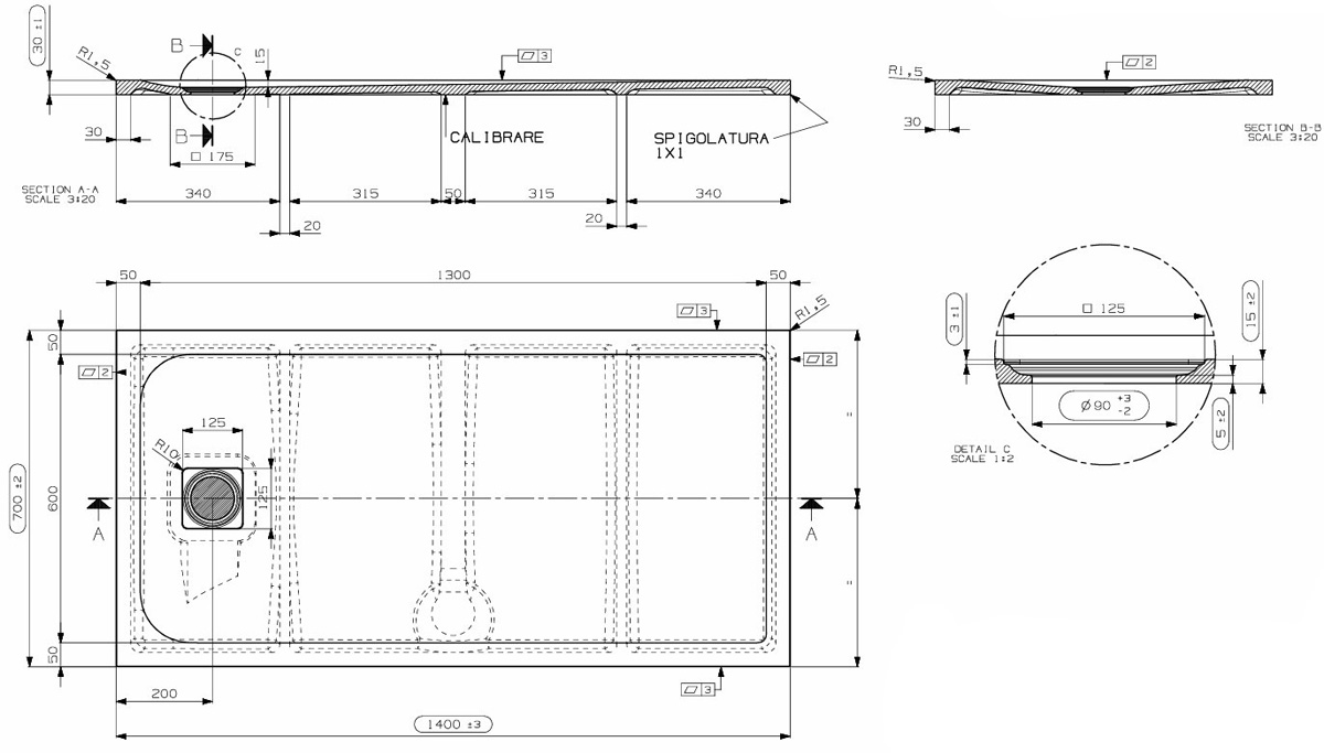 Saniclear Lino douchebak 140x70cm met stone finish lichtgrijs