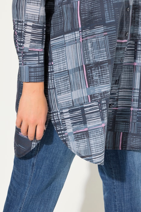 Longbluse, Karo, A-Linie, Hemdkragen, Langarm