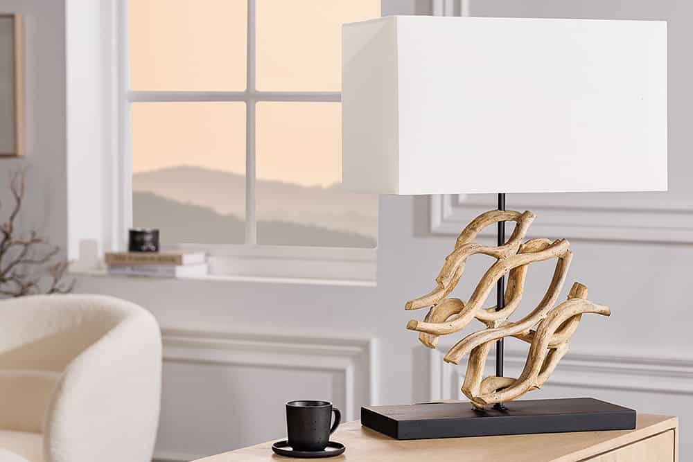 Design Tischlampe WAVE 60cm natur Massivholz handmade weiß Baumwollschirm