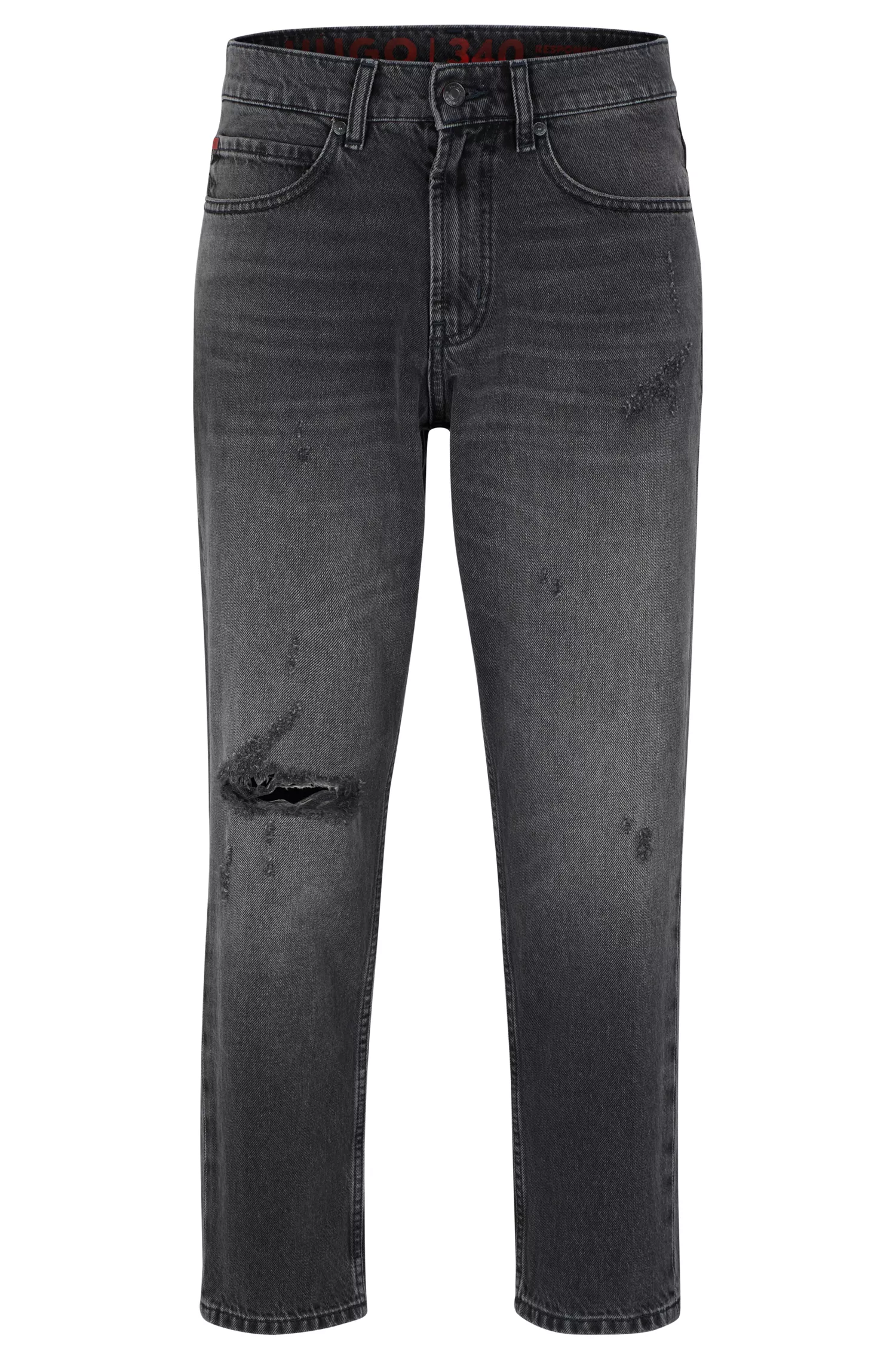 Calça jeans HUGO vermelha, corte regular, em denim rígido cinza.