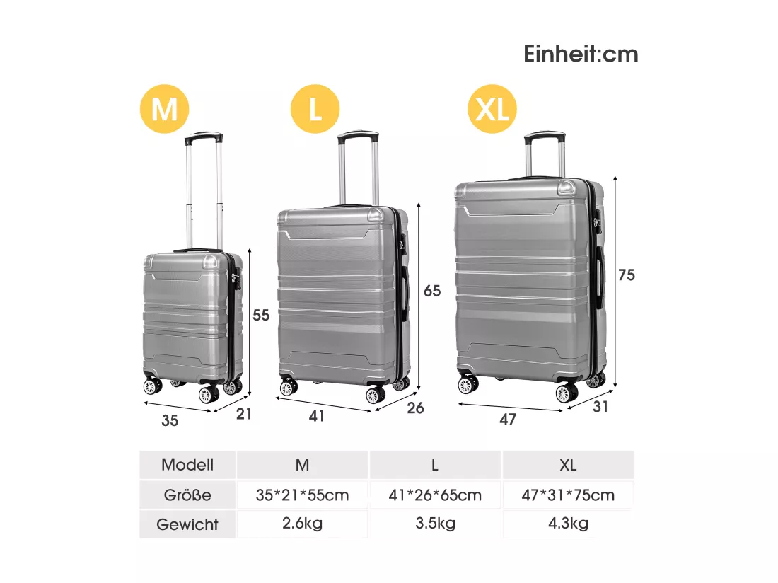 Bagage à main à coque rigide, valise avec serrure TSA et roue universelle, extensible, poignée latérale, ensemble 3 pièces
