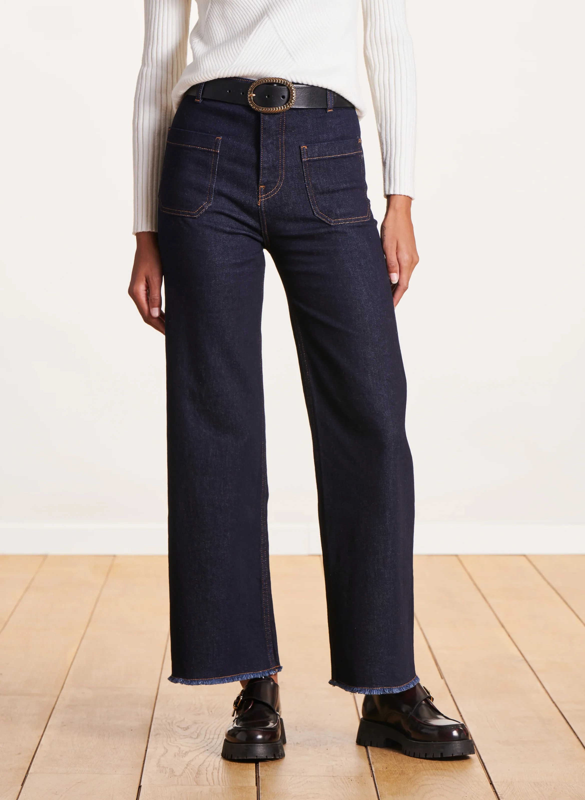 Jean droit taille haute en coton biologique mélangé | Bleu