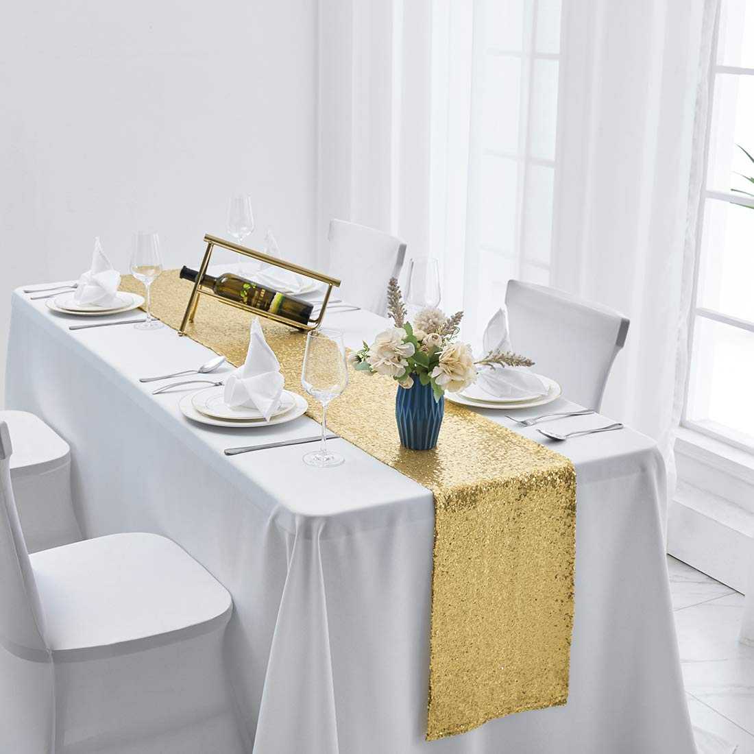(2er Set) 275x30cm Pailletten Tischläufer Party Deko Glitzer Tischtuch - Gold