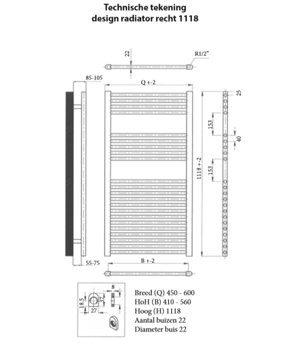Sanicare design handdoekradiator 60x112cm inox look