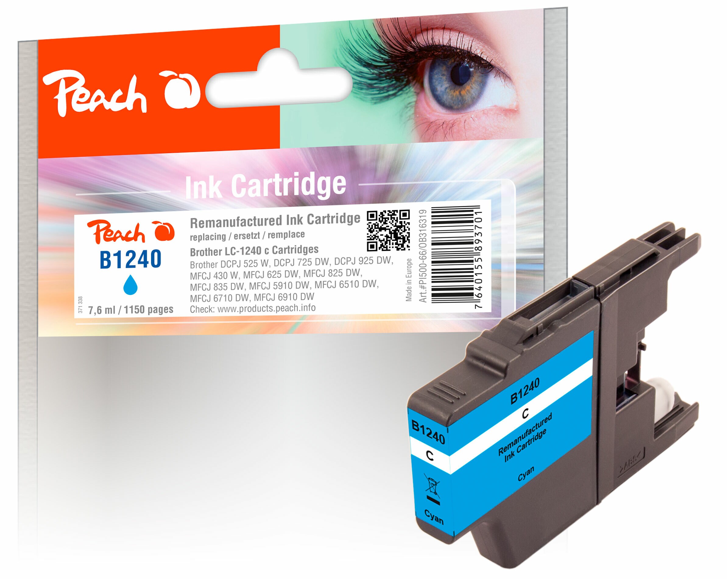Peach B1240 C Druckerpatrone XL cy ersetzt Brother LC-1240C für z.B. Brother DCPJ 725 DW, Brother MFCJ 430 W, Brother MFCJ 6710 DW, Brother DCPJ 525 W (wiederaufbereitet)