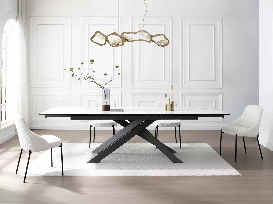 Table à manger extensible 8 à 12 personnes en céramique, verre trempé et métal - Effet marbre blanc et anthracite - COREMA de Maison Céphy
