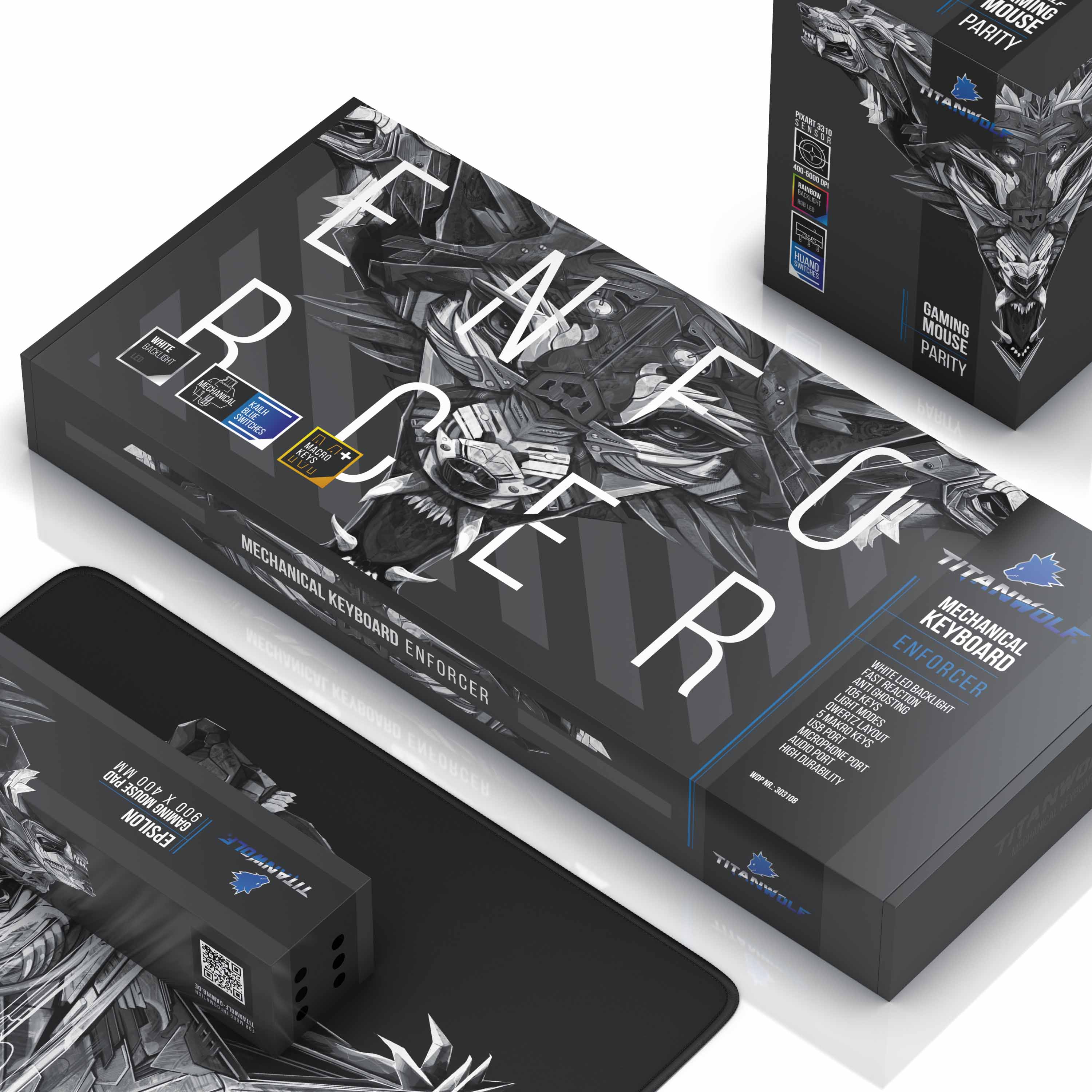Titanwolf Mechanische Tastatur + Maus + Mauspad Gaming Bundle Enforcer Parity Gaming Set