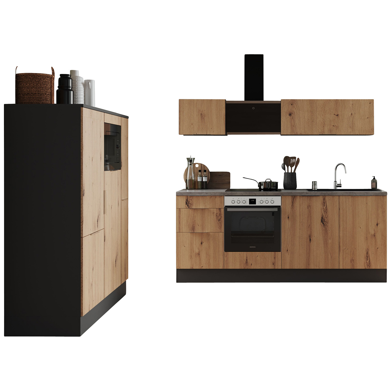 RESPEKTA Küchenblock - Artisan Eiche - grau matt - mit E-Geräten - 370 cm