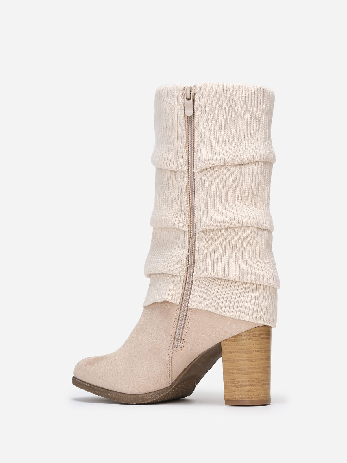 Bottes à talon en suédine et maille- Beige