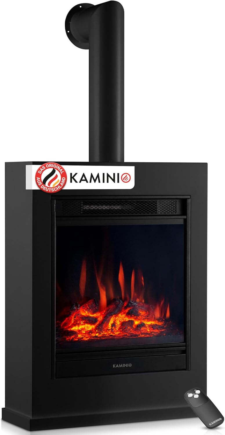 Elektrokamin Kalle - Elektrischer Standkamin mit Heizung, 3D-Flammeneffekt, Fernbedienung (Schwarz mit Rohr)