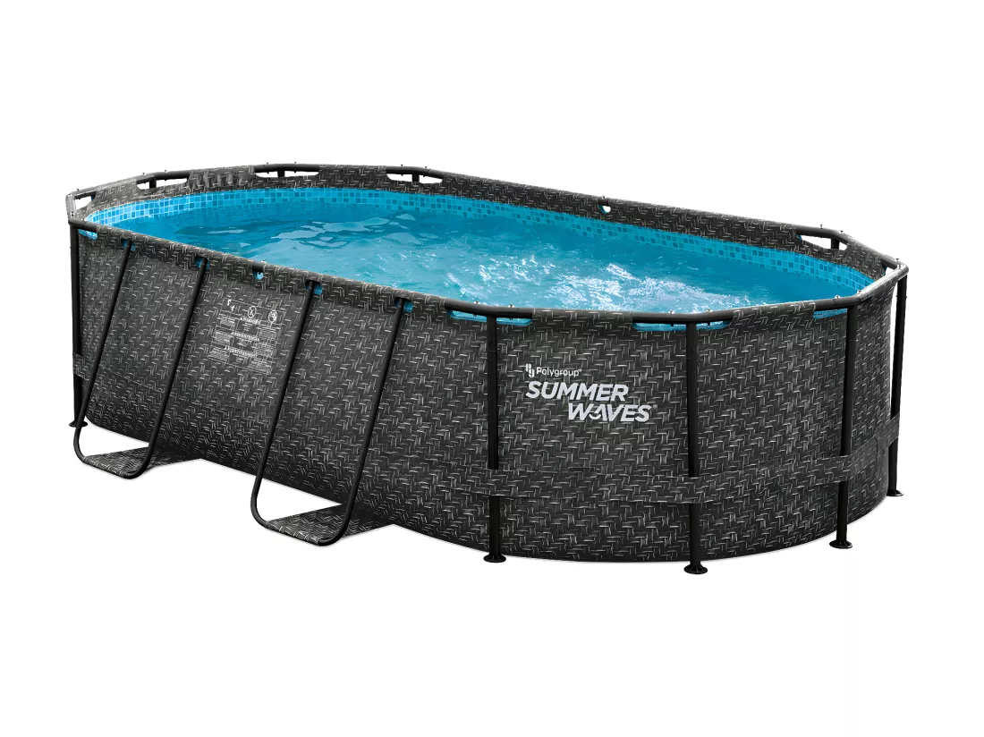 Piscine tubulaire ovale effet chevrons gris foncé avec pompe filtrante à cartouche - L424 x P250 x H100 cm - SALAMANQUE
